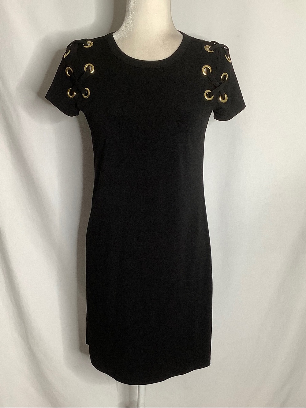 Michael Kors Black Dress with Gold Grommit and Lace Up Shoulder Accents XS
